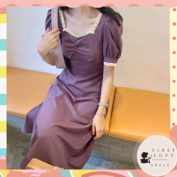 (firstlove ORDER) Váy/đầm cổ vuông nhún ngực xòe dài nhẹ nhàng tiểu thư màu tím/xanh/đen style vintage 01