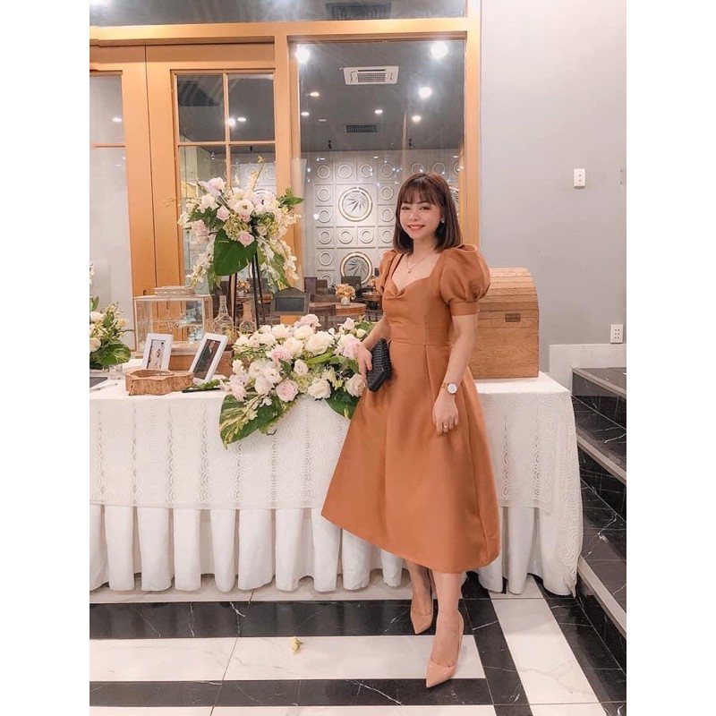 Váy đầm xanh và nâu be tafta tay bồng dáng xoè by thiennly
