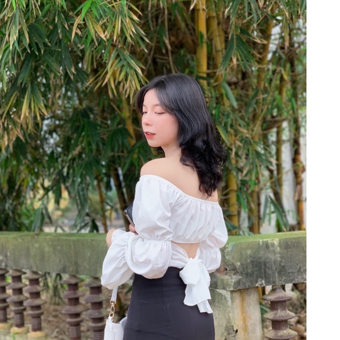 Áo kiểu Hàn Quốc tay dài nơ to điệu đà, áo kiểu nữ cổ vuông cột nơ sau có đệm ngực cho nàng điệu đà - AO131