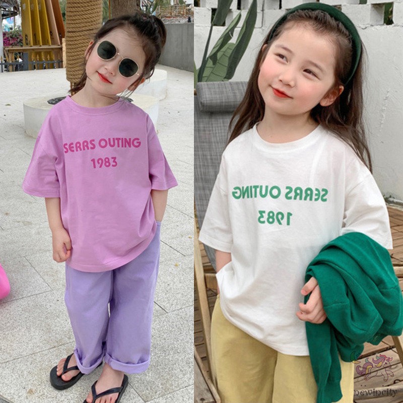 Áo Thun Tay Ngắn In Chữ Đơn Giản Phong Cách Hàn Quốc Cho Bé Gái