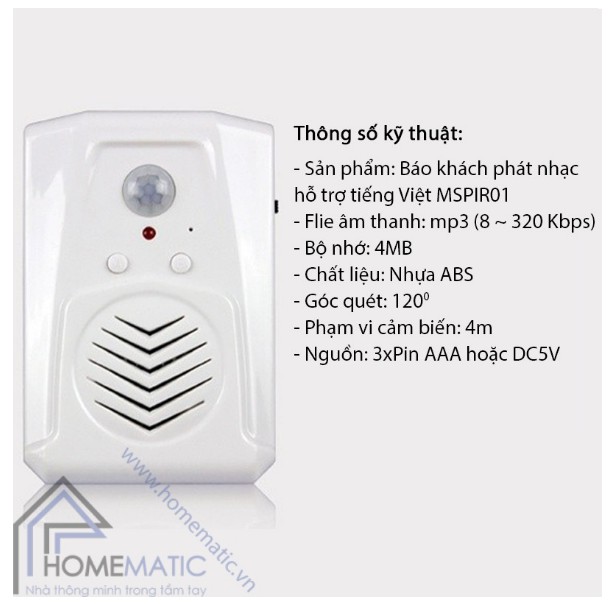 CHUÔNG BÁO KHÁCH PHÁT NHẠC HỖ TRỢ TIẾNG VIỆT MSPIR01