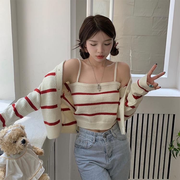 ZHELIHANGFEI Áo Cardigan Dệt Kim Hai Dây Lưng Cao Họa Tiết Kẻ Sọc Phong Cách Quyến Rũ