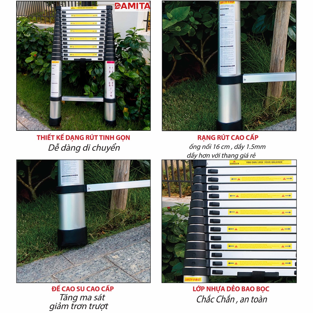 THANG NHÔM RÚT ĐƠN 5.0m Nhôm T8030  DAMITA HÀN QUỐC 2022 cao cấp hàng nhập khẩu bảo hành 24 tháng
