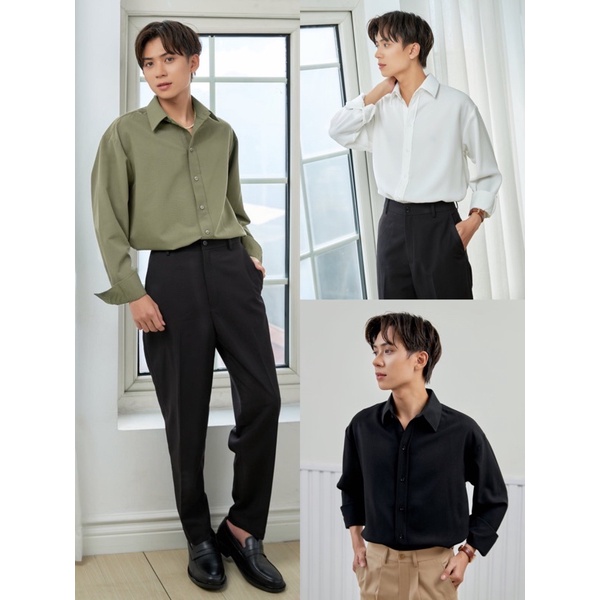 ÁO SƠ MI TRƠN NAM TAY DÀI. MARU BASIC SHIRT SM4 MÀU TRẮNG/ĐEN/RÊU.