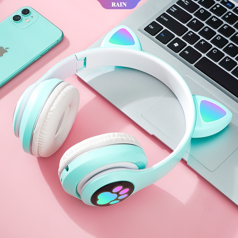 Tai Nghe Bluetooth Không Dây Hình Tai Mèo Dễ Thương Có Đèn LED Và Mic Cho Bé Gái