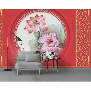 Tranh dán tường Tranh bông sen đỏ rực rỡ, tranh dán tường 3d hiện đại (tích hợp sẵn keo) MS1021643