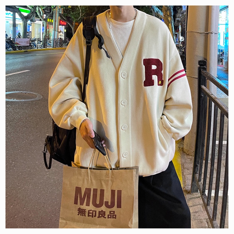 Áo khoác cardigan cổ V dáng rộng màu trơn thêu chữ thời trang mùa thu cho nam size M-2XL