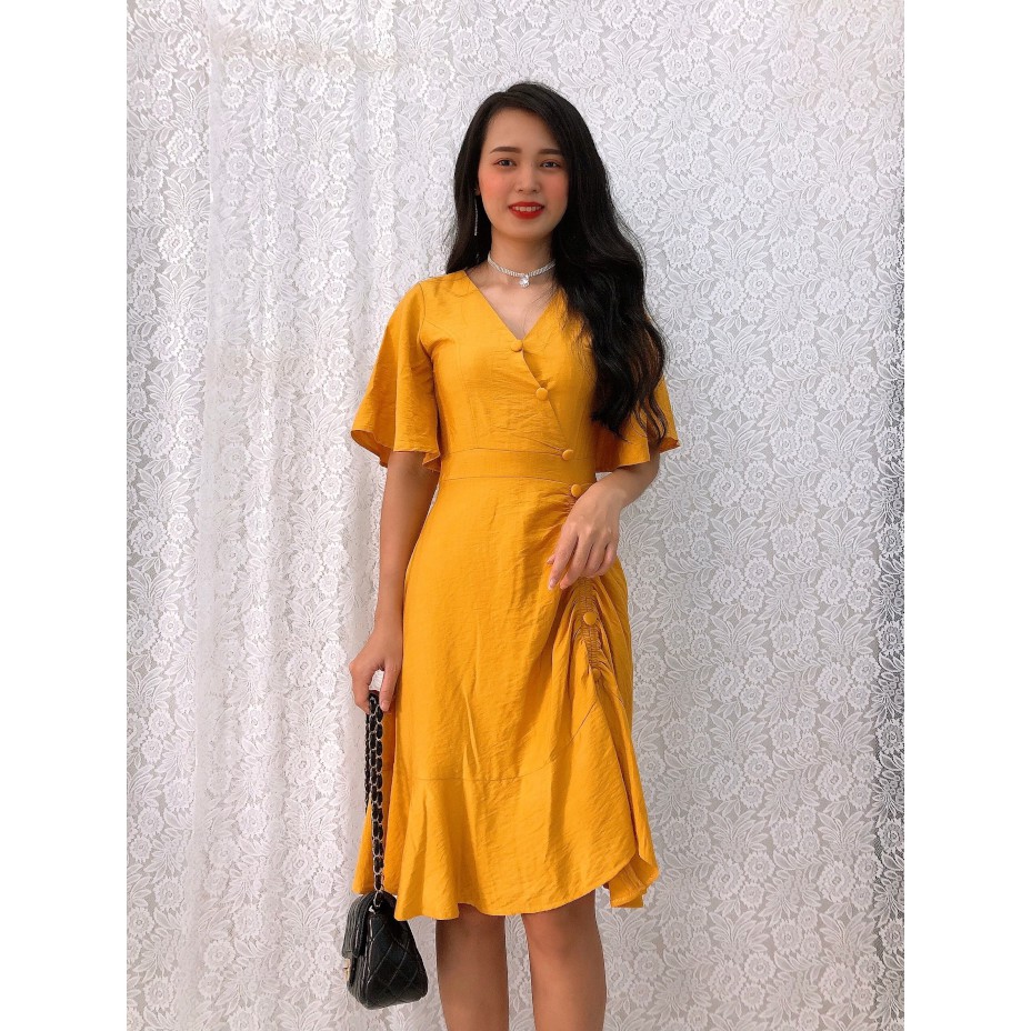 Đầm Xòe Dự Tiệc S&amp;M Tùng Rút Thun Phối Bèo, Đính Nút Sang Trọng, Giá Rẻ GR138
