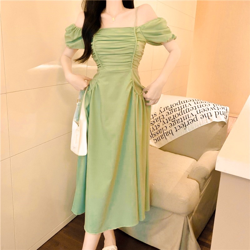 Đầm trễ vai tôn dáng siêu xinh, Váy cổ vuông tay phồng màu xanh cốm dáng dài