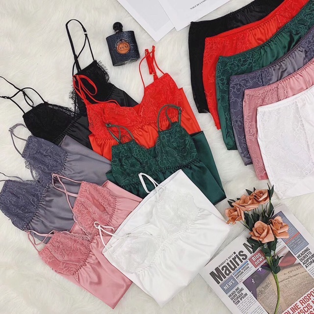 Bộ ngủ đùi dây tam giác ngực lụa _ Set ngủ Lụa tơ Tằm Gợi cảm