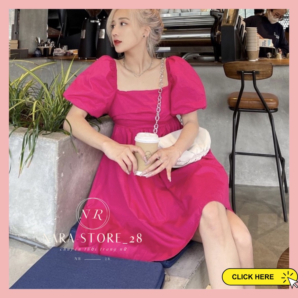 Váy babydoll xanh cốm, đầm babydoll tay phồng cổ vuông dáng xòe nơ lưng tiểu thư sang chảnh