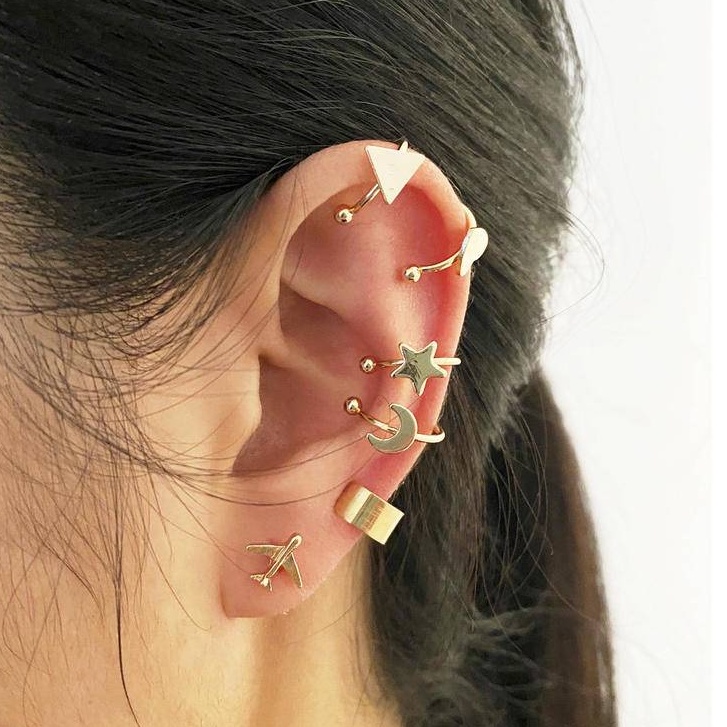 Set 6 Khuyên Vành Tai Mạ Vàng Hình Máy Bay / Ngôi Sao / Mặt Trăng / Tam Giác Cho Nam Và Nữ