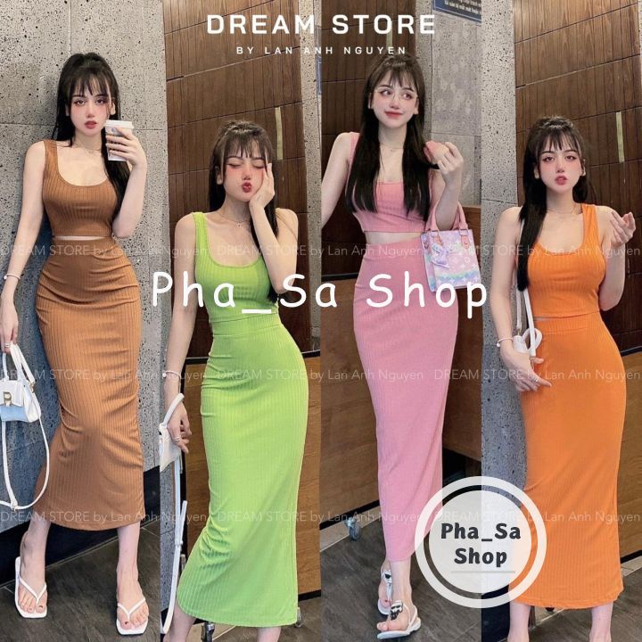 Set Áo Ba Lỗ Chân Váy Bút Chì Chất Vải Gân Tăm Mềm Co Giãn 4 Chiều set váy ba lỗ body freesize