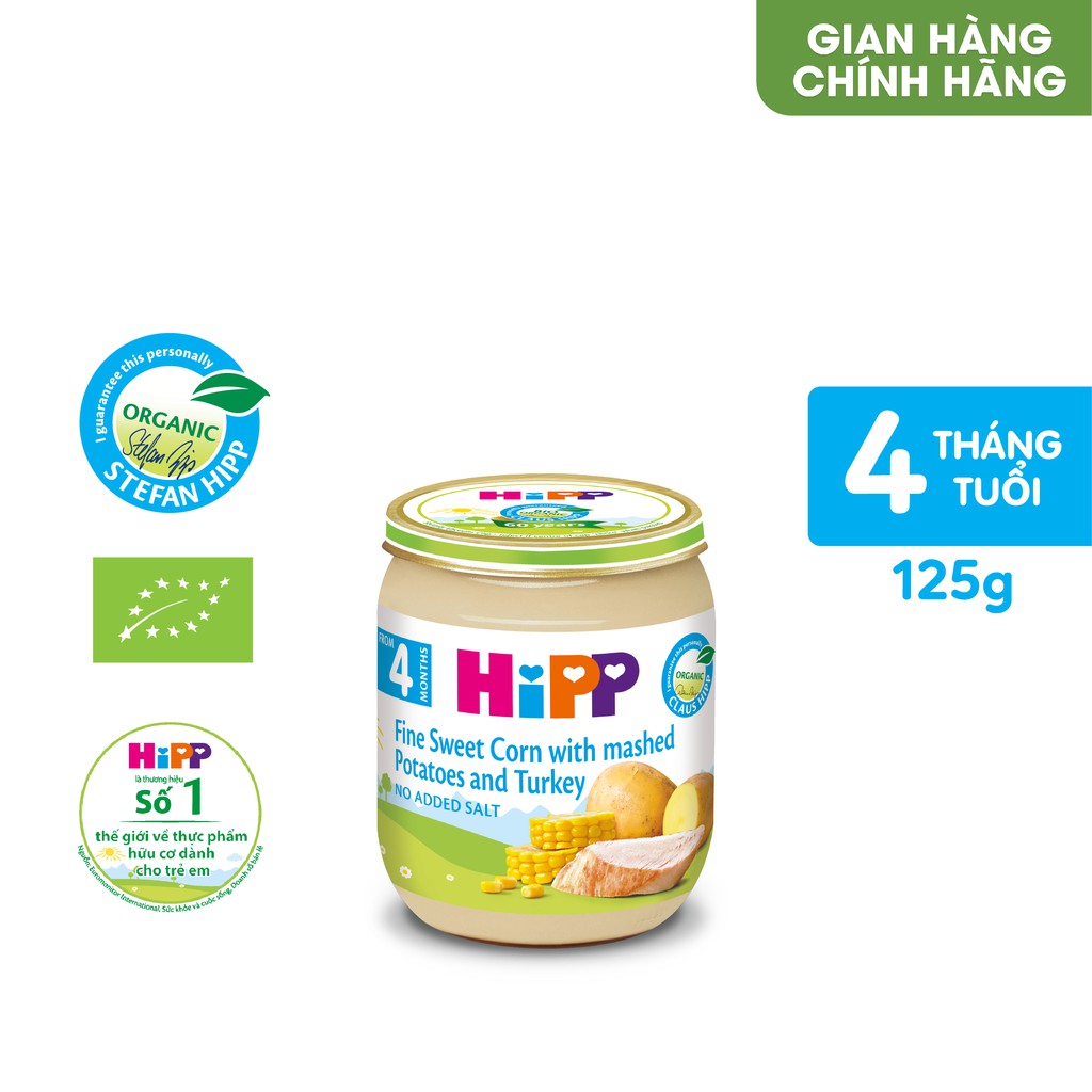 Dinh dưỡng đóng lọ ăn dặm Ngô bao tử, khoai tây, gà tây HiPP Organic 125g (An Toàn Với Trẻ Có Nguy Cơ Dị Ứng Thức Ăn)