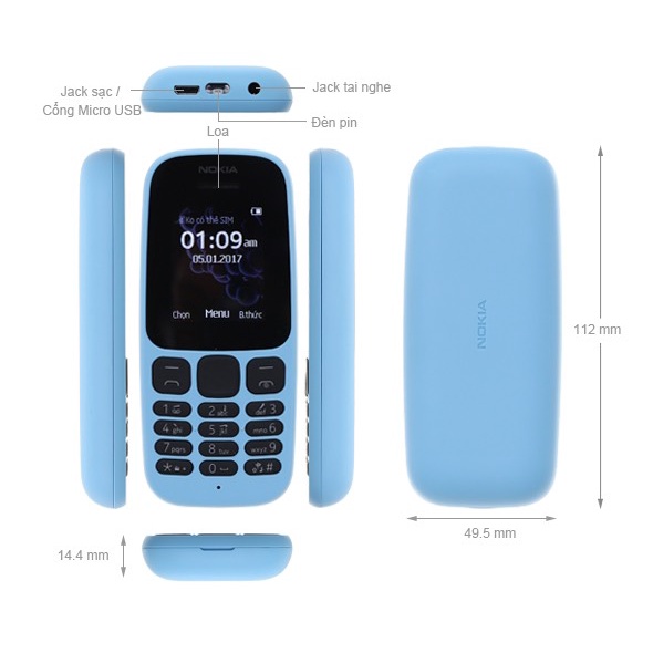 Nokia 105 1sim 2 sim mẫu mới nhất, Điện thoại nokia chính hãng có pin sạc, Bảo Hàng 12 tháng