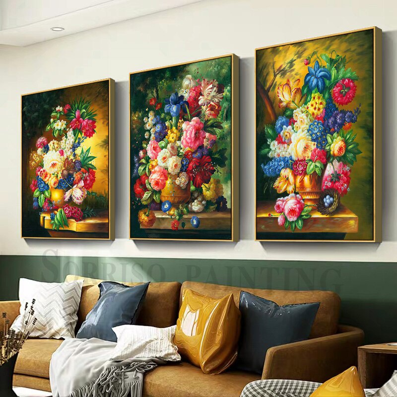 Tranh Sơn Dầu Vải canvas Treo Tường Trang Trí Hình Hoa Phong Cách Châu Âu Cổ Điển