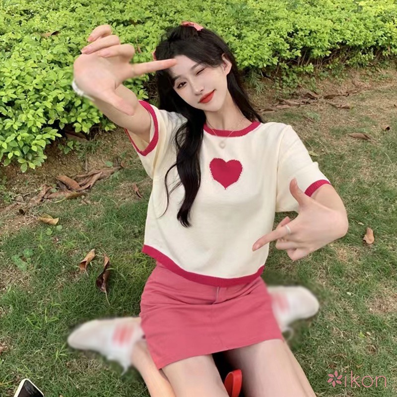 Áo Thun Crop Top Tay Ngắn Dáng Rộng In Hình Trái Tim Kiểu Hàn Quốc