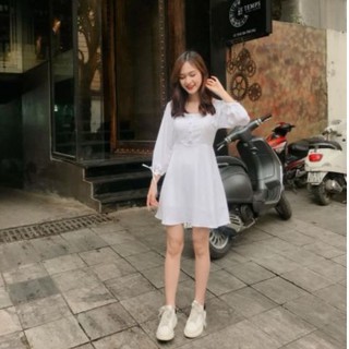 [KÈM QUÀ TẶNG] Đầm nút bọc tay phồng buộc nơ