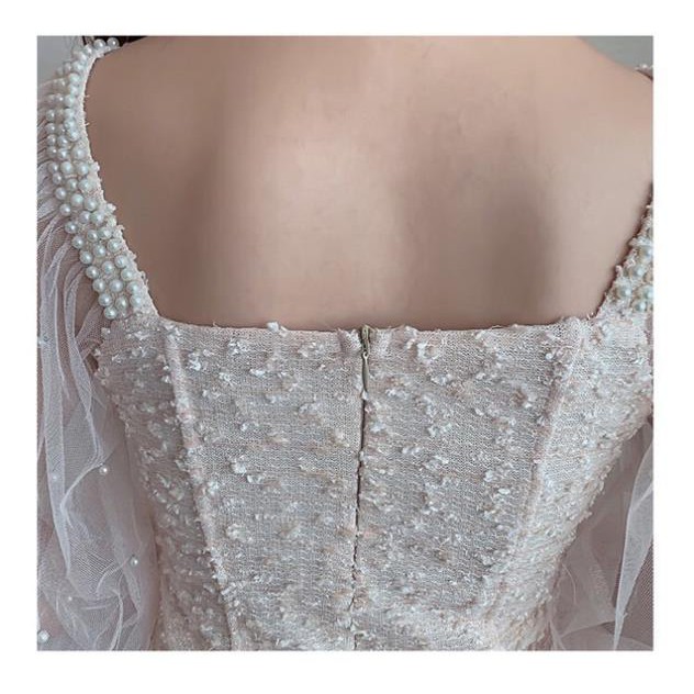 [có sẵn/hình thật] Đầm dự tiệc tay phồng. Váy trắng công chúa tay ren cổ vuông đính đá cao cấp  ྇
