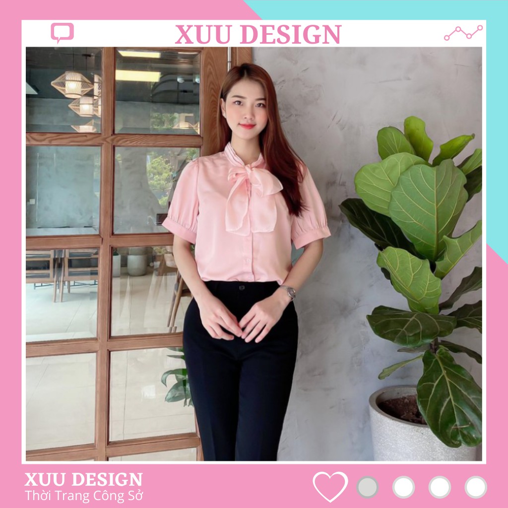 Áo sơ mi kiểu nữ Xuu Design, Áo somi nữ kiểu cách thắt nơ thời trang chất vải đẹp SP01 hồng