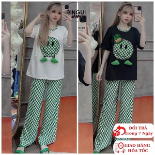 Sét sọc caro, áo thun mặt cười phối quần suông caro-ringu shop