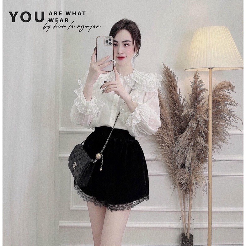 Quần Sooc Nhung Chân Ren ⚡️ HÀNG ĐẸP ⚡️ Form Dáng Phồng Lưng Cao , 2 Túi Bên Hông Siêu Đẹp , Lên Dáng Siêu Xinh