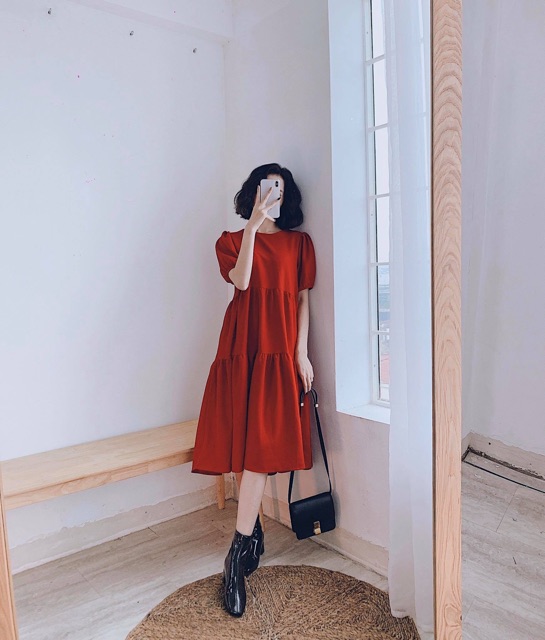 Đầm tầng dáng babydoll nơ sau, chất vải chéo dày dặn chị em bầu bí mặc thoái mái | BigBuy360 - bigbuy360.vn