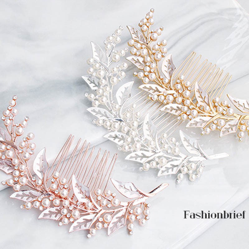 ❤BRIEF High Quality Simple Wedding Bridal Pearl Leaves Shiny Rhinestone Hair Comb Fashion Bridesmaid