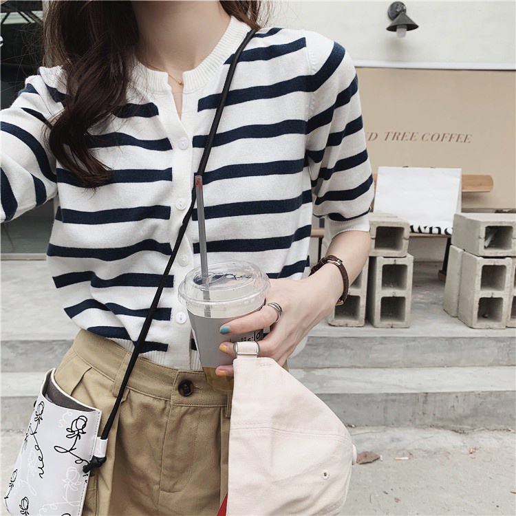 Áo sweater cardigan dệt kim tay lửng dáng rộng họa tiết kẻ sọc cổ điển thời trang mùa hè dành cho bạn nữ 17168 | BigBuy360 - bigbuy360.vn