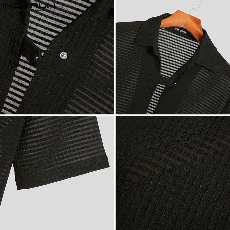 Áo thun polo INCERUN tay ngắn cổ chữ V màu trơn phối lưới xuyên thấu cho nam