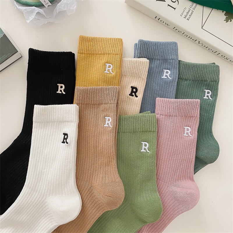 Vớ Cotton Cổ Vừa Màu Trơn Thêu Chữ Phong Cách Thể Thao Thời Trang Cho Nữ