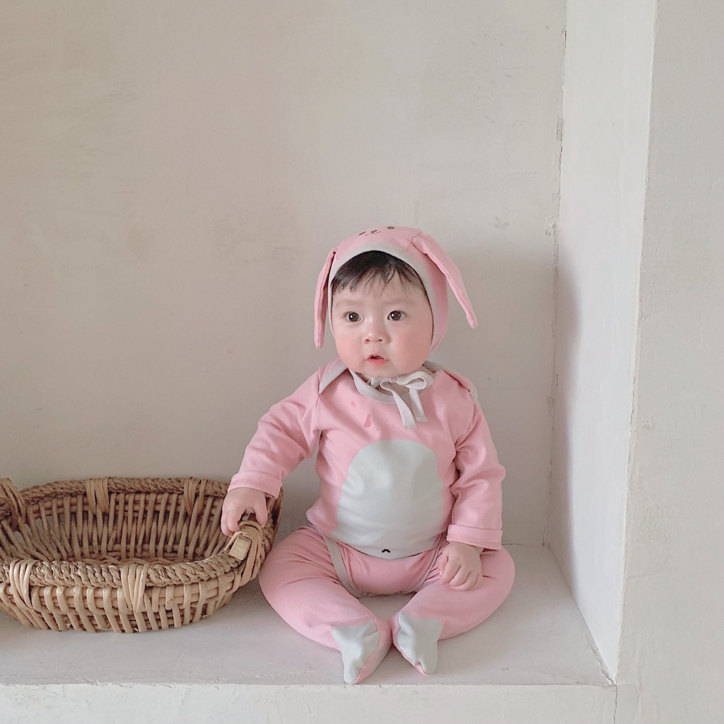 Bộ Áo Liền Quần Màu Hồng In Hình Thỏ Dễ Thương Thời Trang Thu Đông Cho Bé Gái 0-24 Tháng Tuổi