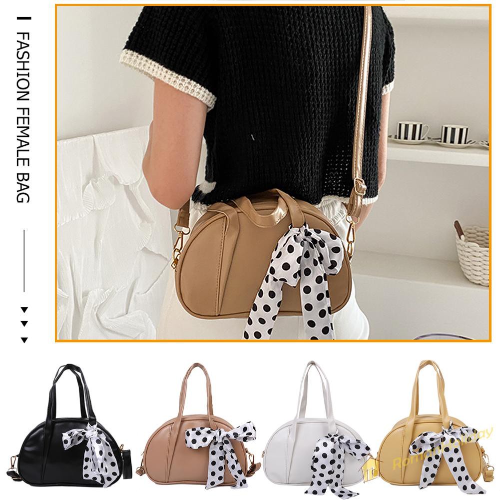 【On Sale】Vintage Women PU Pure Color Silk Scarf Messenger Bag Casual Bowknot Handbag