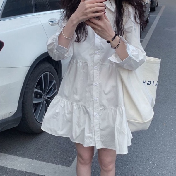Đầm Sơ Mi Trắng Tay Dài Dáng Chữ A Thiết Kế Thanh Lịch Cho Nữ