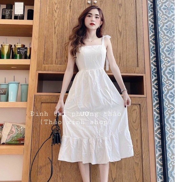 Đầm Suông Đuôi Cá Hai Dây - BaoBao.Clothing [FREESHIP] - Váy đũi trắng, hai dây bản to, 3 tầng đuôi cá Ulzzang | BigBuy360 - bigbuy360.vn