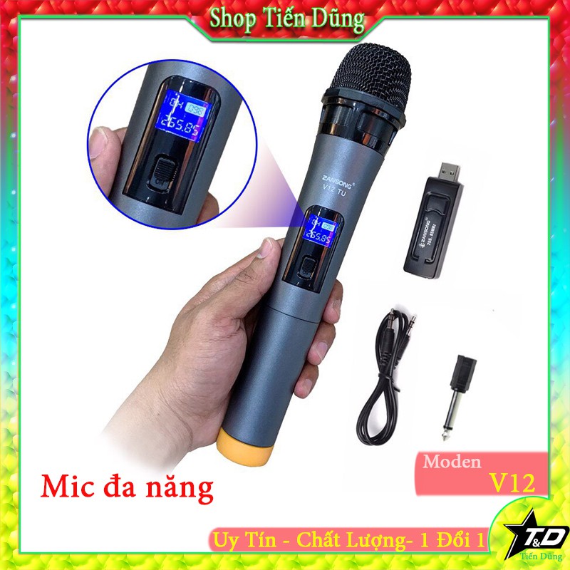 Mic đa năng V12 có đèn led hiển thị phù hợp cho các loa âm li có hỗ trợ cổng mic 6.5 và 3.5