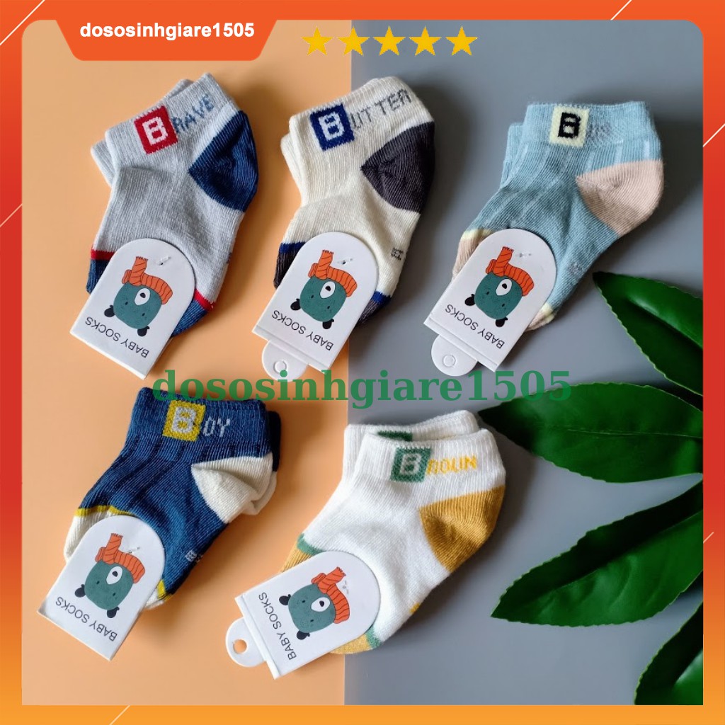 Set 5 đôi vớ cotton màu mẫu chữ B size 0-12 tháng/ Tất sơ sinh em bé mềm mịn