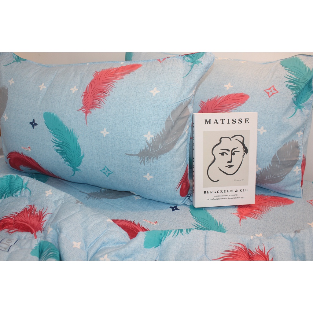 Bộ drap 4 món Cotton - Mẫu Lông Vũ Nền Màu Xanh