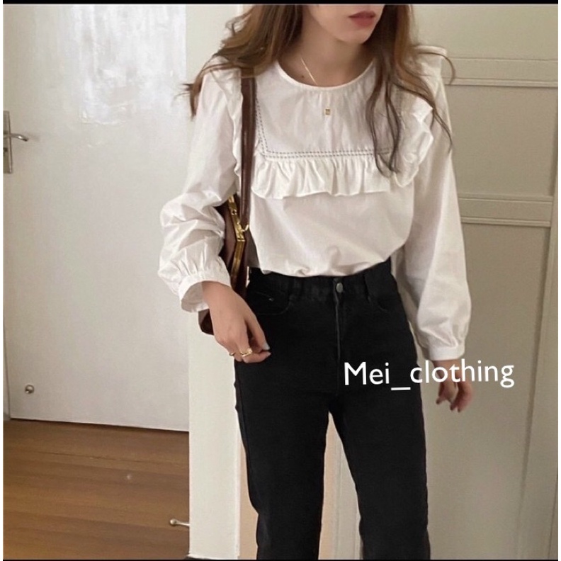 [Ảnh thật/video] Áo sơmi cổ bèo vuông tay bồng basic/ sơ mi trắng nữ