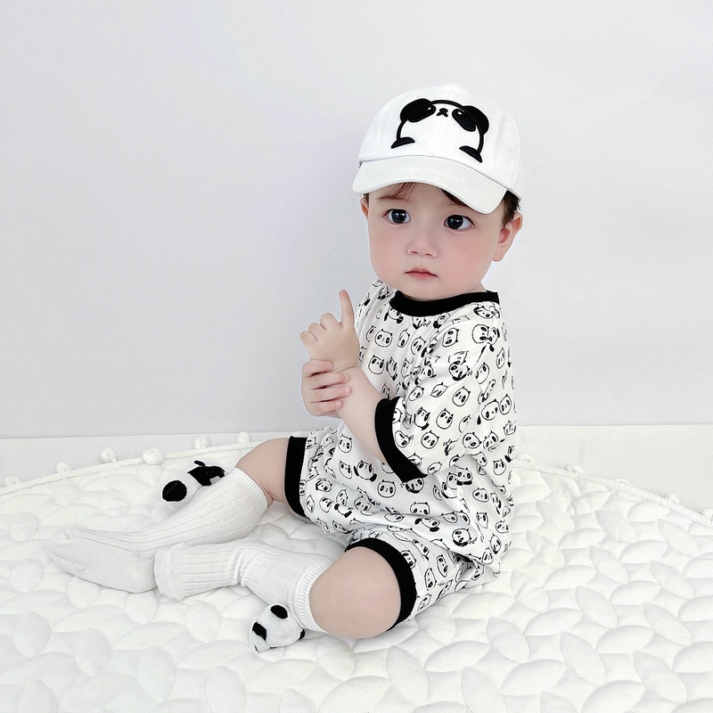 Áo Liền Quần Ngắn Tay In Hình Gấu Trúc Toàn Bộ Cho Bé