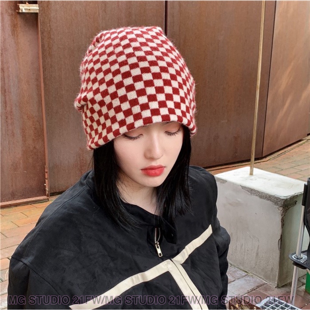 Nón đan len MG STUDIO hoạ tiết kẻ ô cá tính 6 màu thời trang
