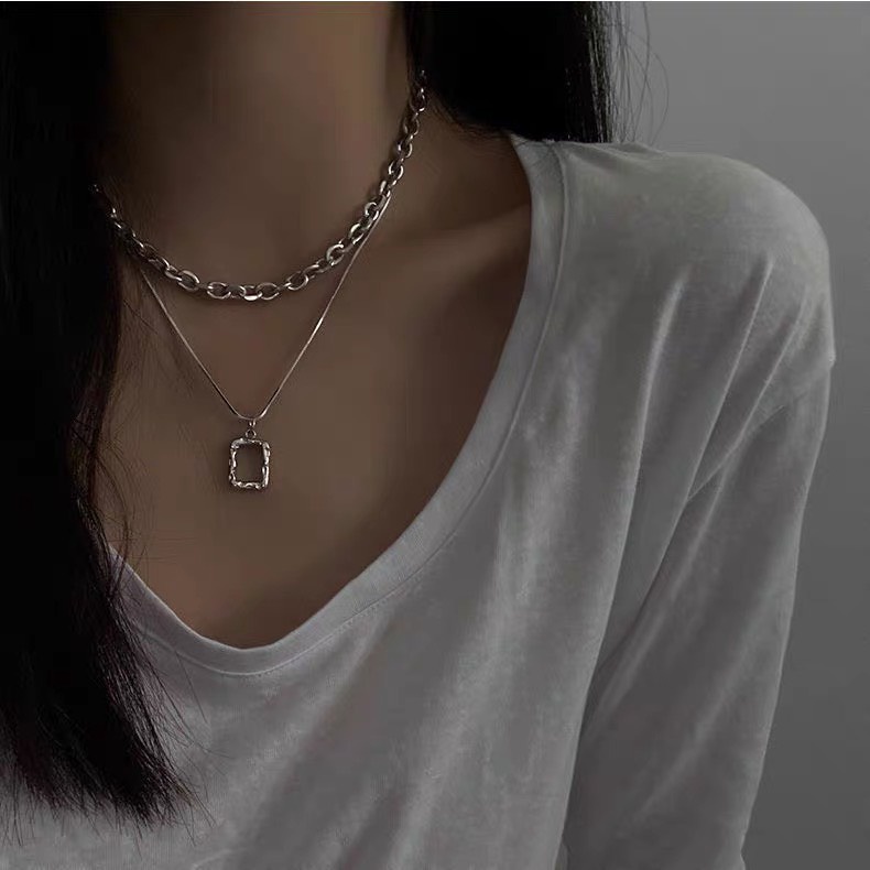 Dây chuyền nam nữ  2 tầng mặt vuông gợn sóng Vòng cổ unisex