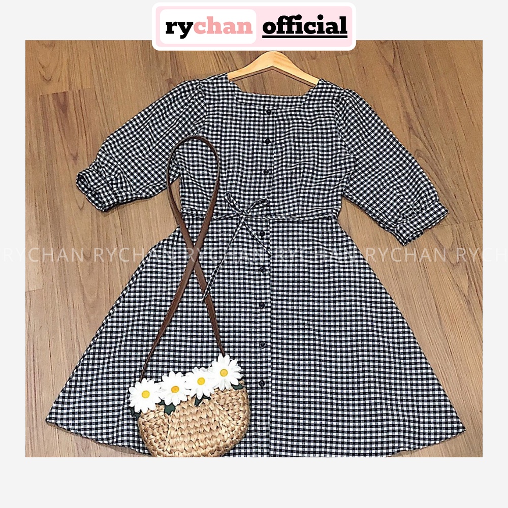 [ẢNH THẬT CUỐI] DX675 - Đầm Xòe Caro Tay Lỡ Phối Nút Trước