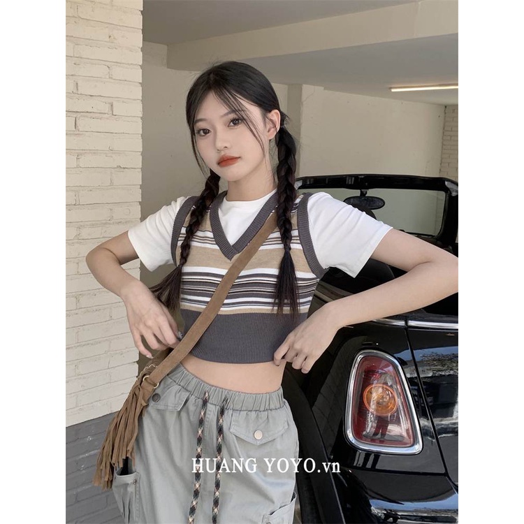 HUANG YOYO Áo Dệt Kim Hai Lớp Họa Tiết Kẻ Sọc Màu Tương Phản Thời Trang Hàn Quốc Dễ Phối Đồ