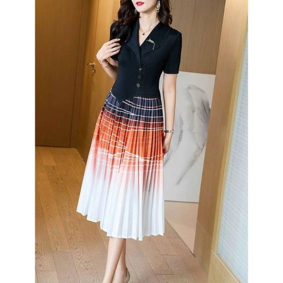 Hàng nhập - Đầm vest dáng xòe lụa dập li đính nút eo, váy dự tiệc hay công sở phối màu sang trọng