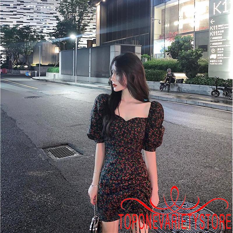 Đầm Nữ Ngắn Tay Cổ Vuông In Hoa Thời Trang