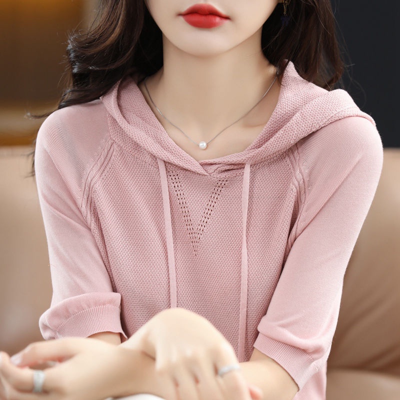 Áo Hoodie Tay Ngắn Dáng Rộng Màu Sắc Đơn Giản Thời Trang Cho Nữ