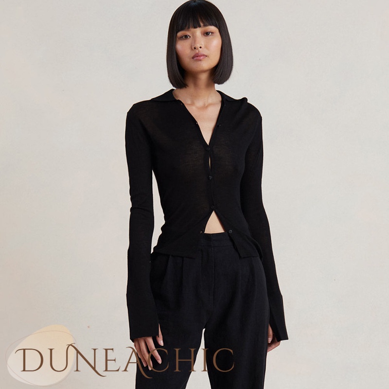 DUNEA Áo Sơ Mi Tay Dài Cổ Bẻ Đính Khuy Xẻ Tà Kiểu Đường Phố Cá Tính Cho Nữ