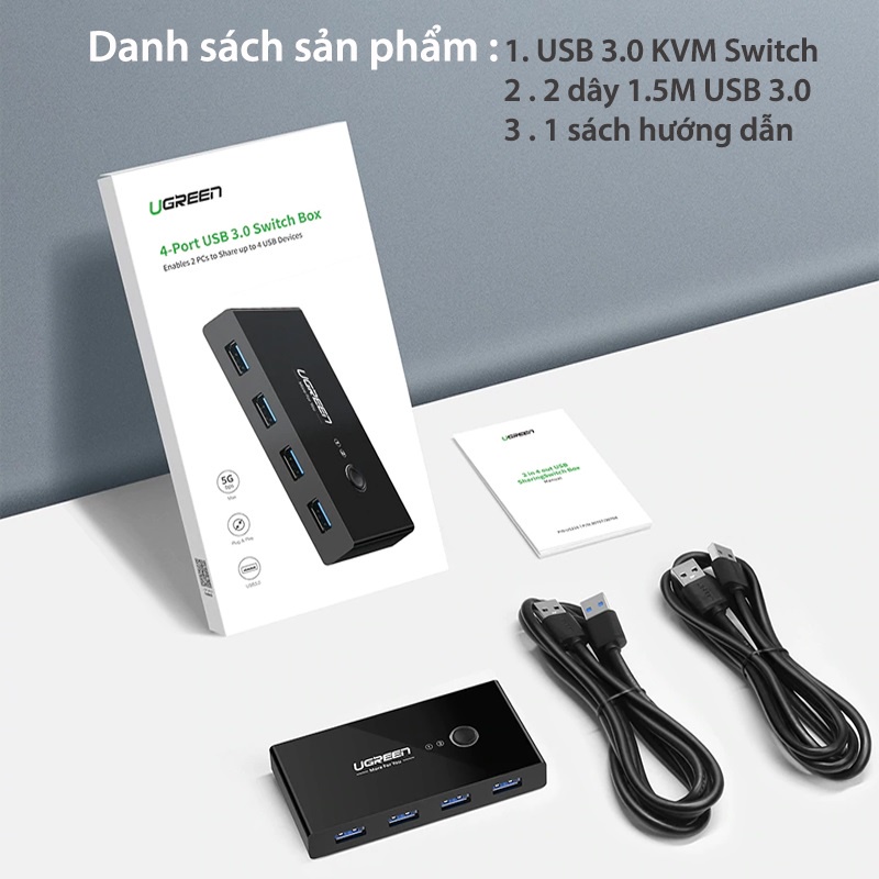 Switch HUB thiết bị chia sẻ 4 cổng USB 3.0 cho 2 Máy Tính Ugreen 30768 cao cấp dùng cho máy in, máy quét, chuột, phím...