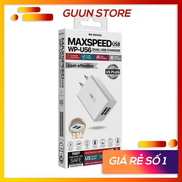 Bộ sạc nhanh iphone/Samsung/oppo WP-U56 MAXSPEED 2A, sạc nhanh với 2 cổng kết nối, chính hãng WK Guun Store BSN56